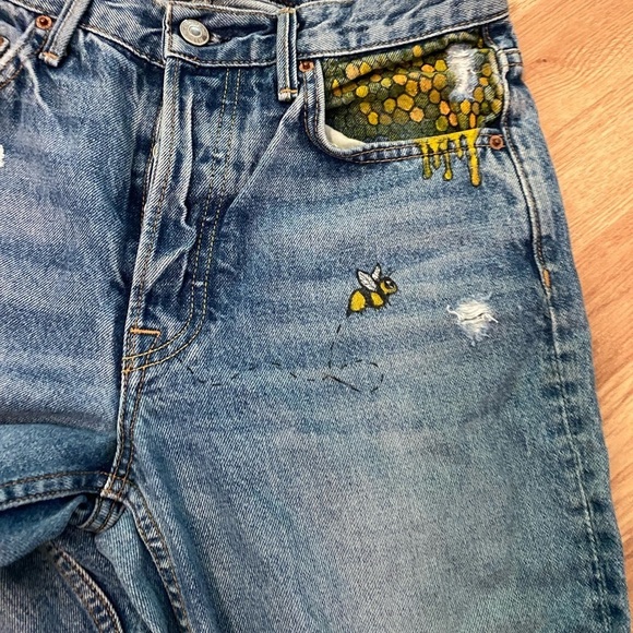 GRLFRND / Helena custome painted bee lemon Straight Leg Jeans Close To You 26 - Picture 7 of 8